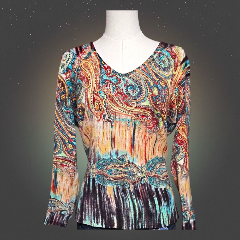 Womens Multicolor Paisley V-Neck Long Sleeve Top with Beaded Accents Medium